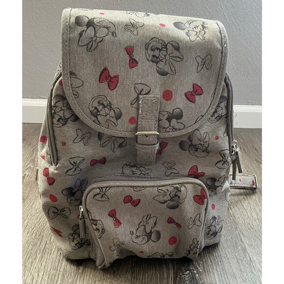 Disney Parks Gray Minnie Mouse Backpack Purse Bg Red Bows - Picture 1 of 7